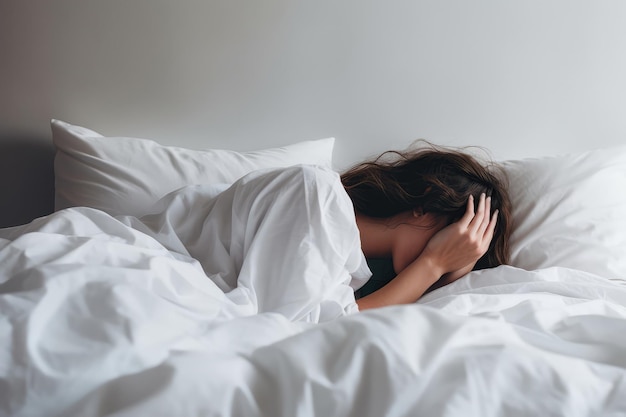 Woman Lying On Bed On White Sheets And Pillow And Covering Her Face With Her Hands Side View Generative AI