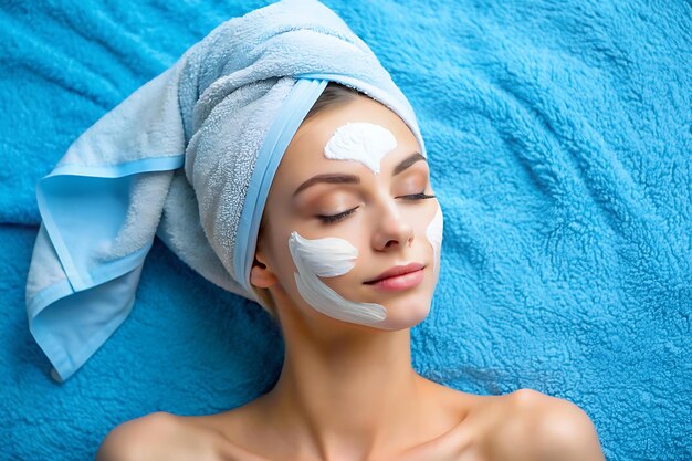 woman lying on blue towel with white cream on face generated AI