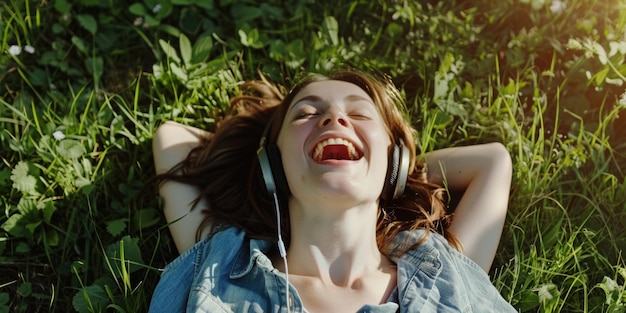 Photo a woman lying down in the grass wearing headphones enjoying her free time