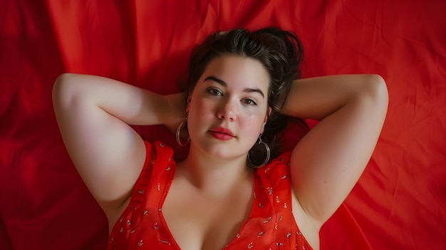 Woman lying down in red with a confident look body positive concept