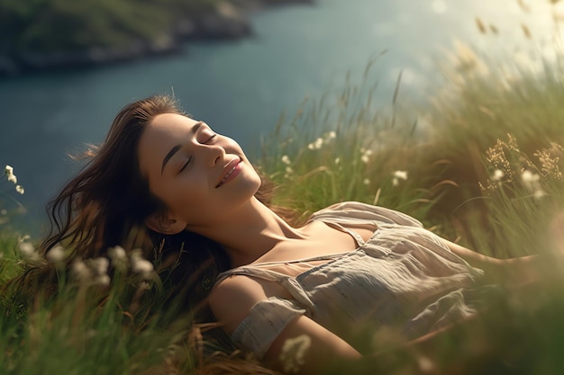 A woman lying in a field of grass and the sun is shining.