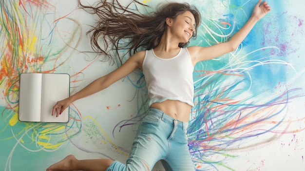 a woman lying on a floor with her hair blowing in the wind