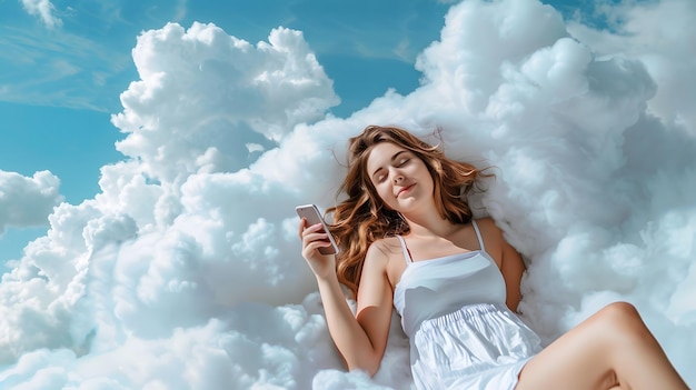 Photo woman lying on fluffy white cloud peacefully holding a cellphone in her hand