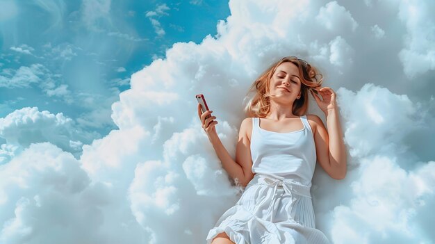 Photo woman lying on fluffy white cloud peacefully holding a cellphone in her hand