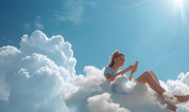 Photo woman lying on fluffy white cloud peacefully holding a cellphone in her hand