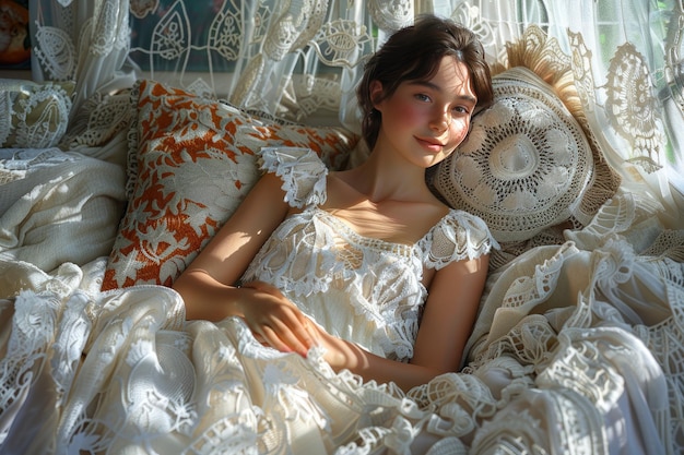 Photo woman lying on her side on a bed with the covers artfully arranged around