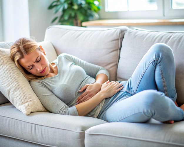 Photo woman lying on sofa and feel abdomen pain