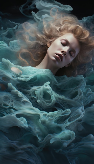 a woman lying in water with her eyes closed