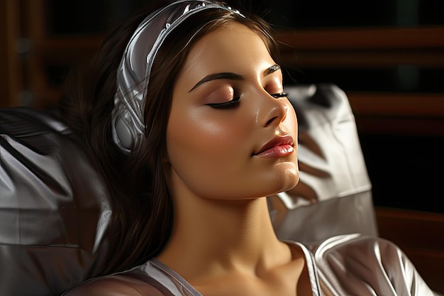 woman lying with eyes closed wearing headphones and headband and resting closeup Generative AI