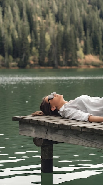 Photo woman lying on wooden pier near lake