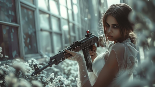 Woman in a mafia boss style white dress and holding a machine gun wallpaper AI generated image