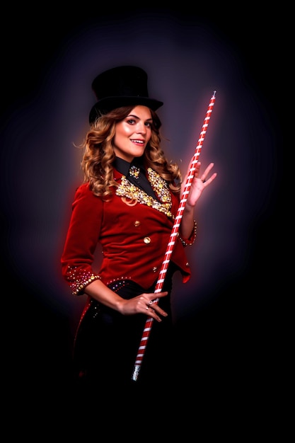 Woman magician illusionist circus with cane and top hat in theatrical clothes shows and smiles at black background looking at camera