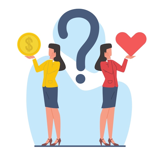 Woman makes choice between love and money Female character thinking question sign Business or family selection Alternative solutions Cartoon flat illustration Vector dilemma concept