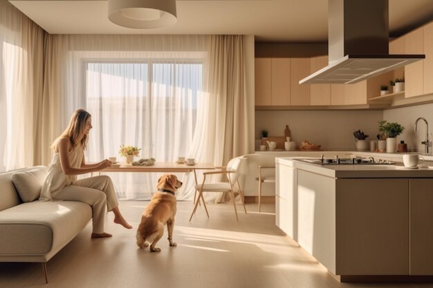 Woman makes coffee while standing with her dog in kitchen Interior of modern and stylish kitchen in beige tones Domestic lifestyle concept Generative AI