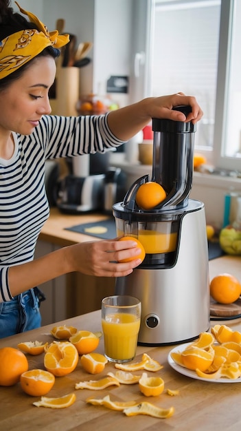 Photo a woman makes orange juice at home in the kitchen with an electric juicer