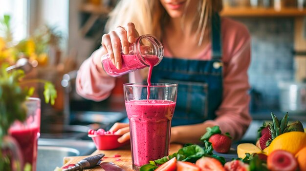 Photo woman making berry smoothie in the kitchen selective focus