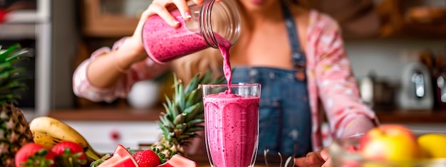 Photo woman making berry smoothie in the kitchen selective focus