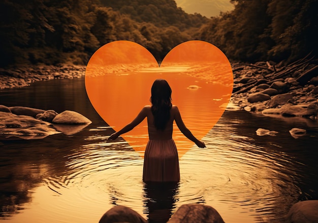 a woman making heart by placing her hands together behind a river in the style of light orange