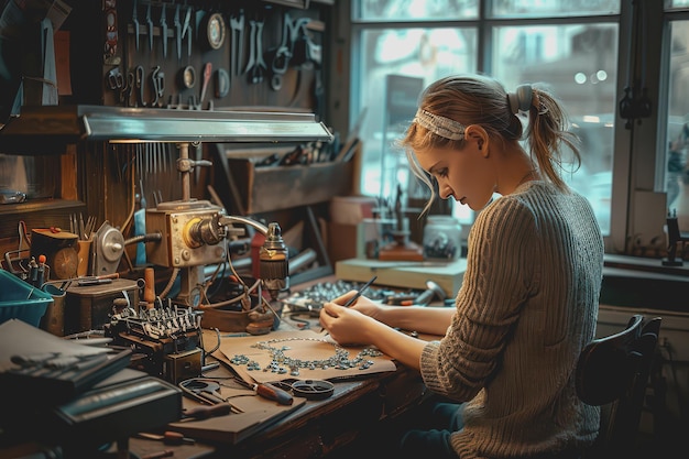 A woman making jewelry in her office filled with tools