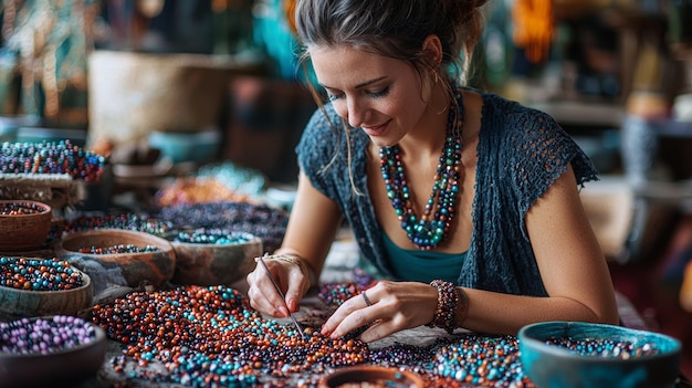 Woman Making Jewelry with Beads Close Up