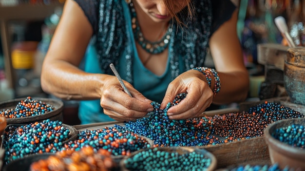 Woman Making Jewelry with Colorful Beads in a Market