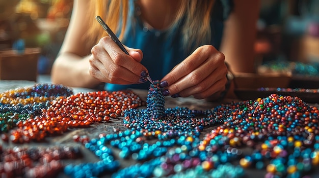 Woman Making Jewelry with Colorful Beads