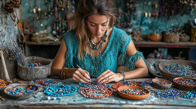 Photo woman making jewelry with colorful beads