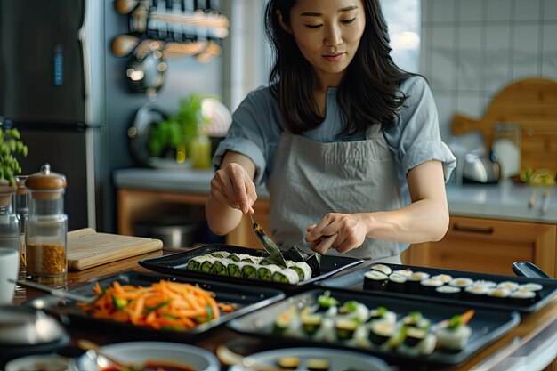 Photo woman making korean kimbap in the kitchen