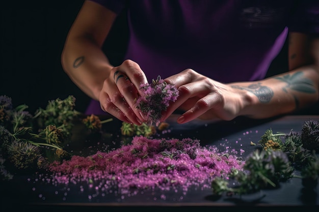 Woman making a marijuana substitute joint with lilac flowers