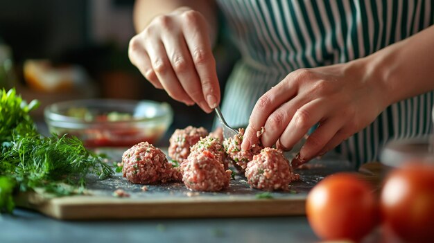 Photo woman making meatball from ground meat at grey table