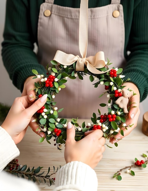 Woman making mistletoe wreath Christmas wreath decoration with hand made DIY winter greenery florist