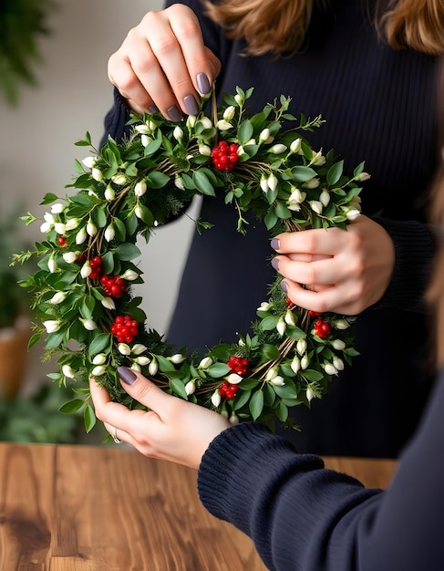 Photo woman making mistletoe wreath christmas wreath decoration with hand made diy winter greenery florist