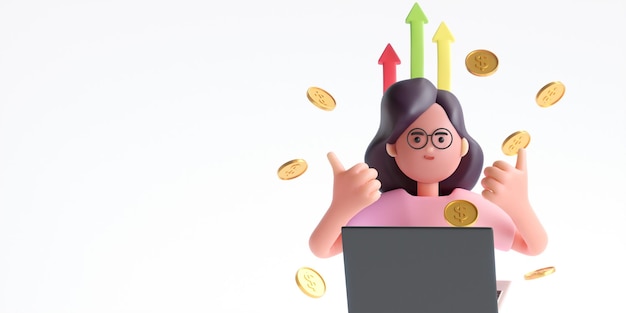 Woman making money from home Freelancer earn money online 3d illustration