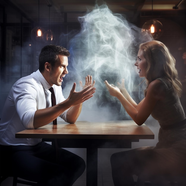 a woman and man angry mood with smoke