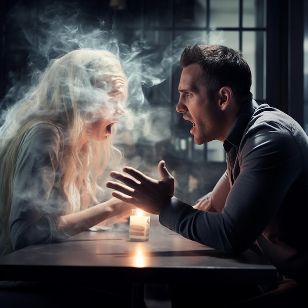 a woman and man angry mood with smoke