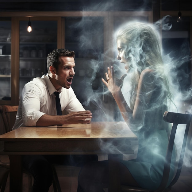 a woman and man angry mood with smoke