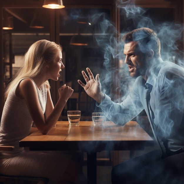 a woman and man angry mood with smoke