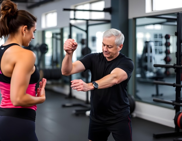 Photo a woman and a man are doing exercises with the arms crossed