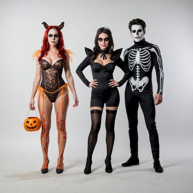 Photo a woman and a man are dressed up as skeleton and a pumpkin