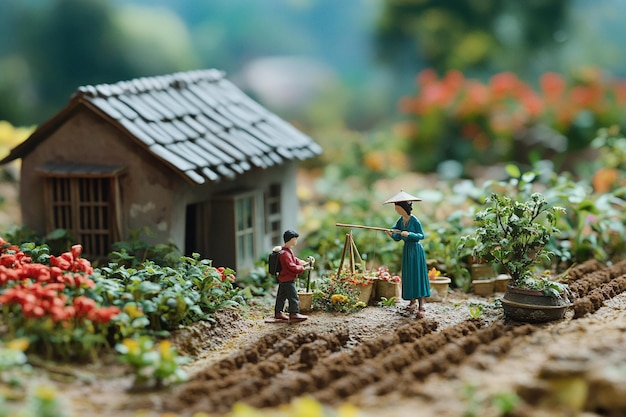 a woman and a man are in a garden with a house in the background