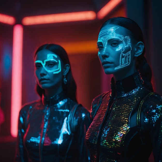 a woman and a man are standing in front of a neon light