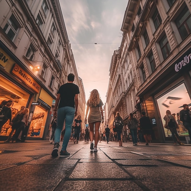 a woman and a man are walking down a street in front of a store