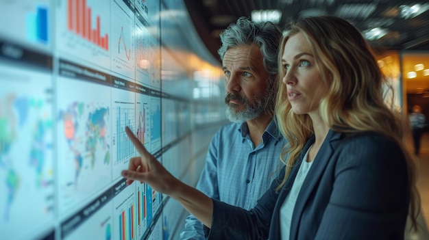 Woman and a man discuss new markets for expansion in front of a large digital screen with infographics and maps Successful woman and male discussing new markets for expansion