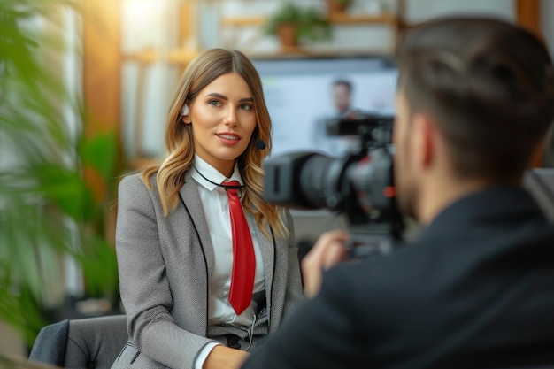 Photo a woman and a man engage in conversation while seated at a desk in a professional setting journalist in professional attire interviewing somebody important ai generated