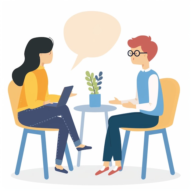 A woman and man engage in work discussion seated at small table with plant atmosphere is collaborative and focused highlighting teamwork and communication