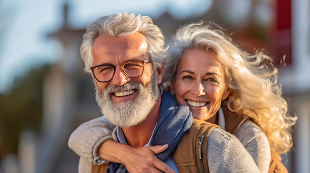 Woman and man enjoying a retirement together in the great outdoors while smiling and piggybacking Generative AI