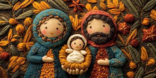 A woman and a man holding a baby in a manger