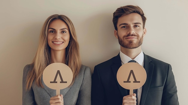 Photo a woman and a man holding equal signs with a neutral background to symbolize