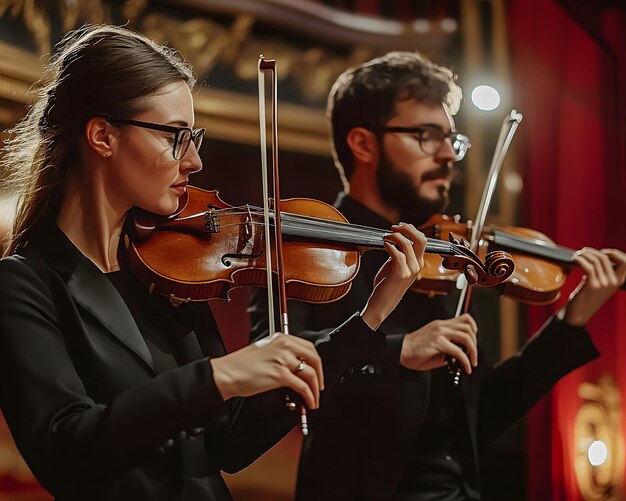 a woman and a man playing violin in front of a curtain