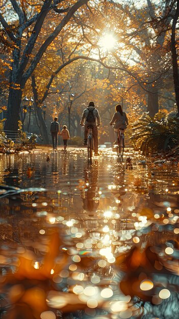 Woman and man riding bicycles in autumn